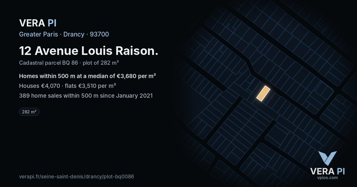 12 Avenue Louis Raison, Drancy at night – the plot lit, the parcels around coloured by the prices near them