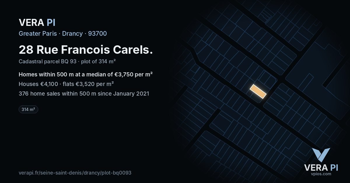 28 Rue Francois Carels, Drancy at night – the plot lit, the parcels around coloured by the prices near them