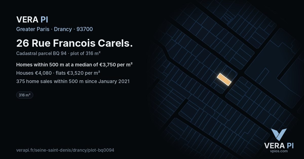 26 Rue Francois Carels, Drancy at night – the plot lit, the parcels around coloured by the prices near them