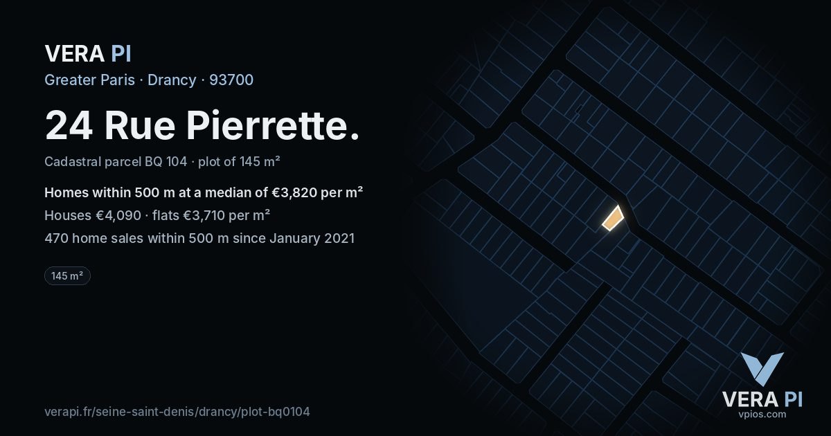 24 Rue Pierrette, Drancy at night – the plot lit, the parcels around coloured by the prices near them