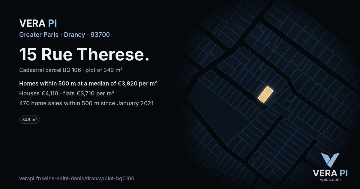 15 Rue Therese, Drancy at night – the plot lit, the parcels around coloured by the prices near them