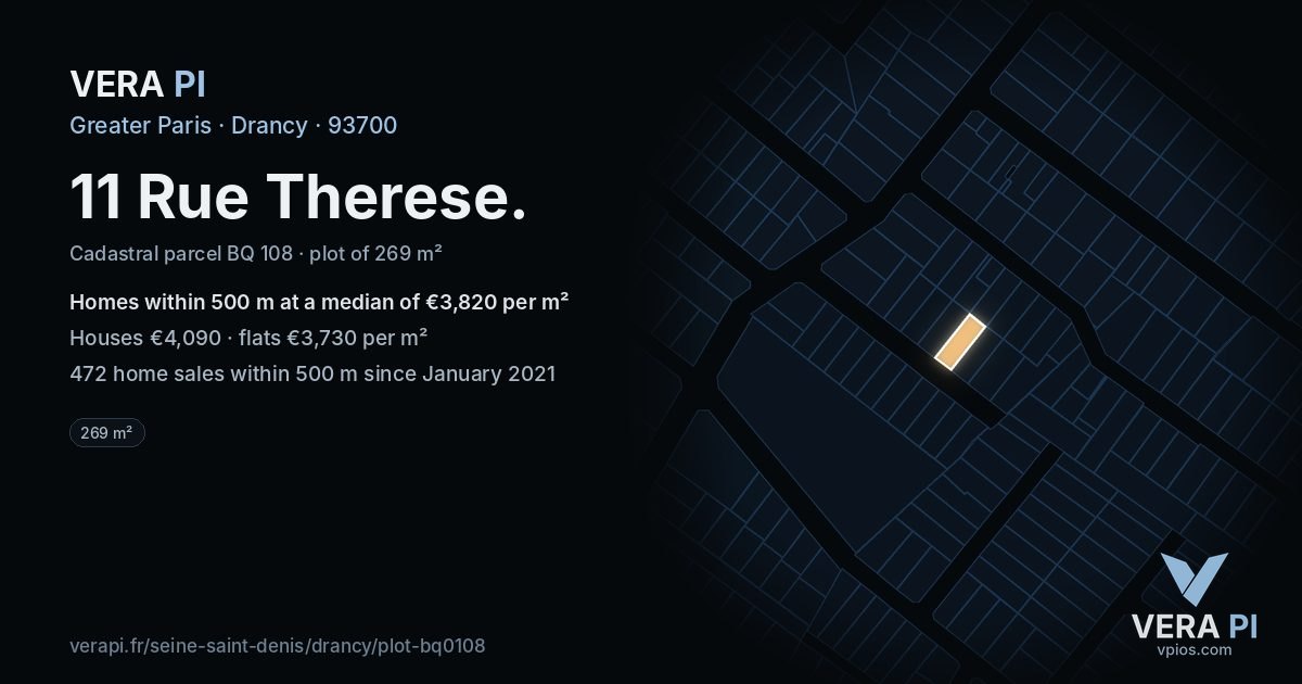 11 Rue Therese, Drancy at night – the plot lit, the parcels around coloured by the prices near them