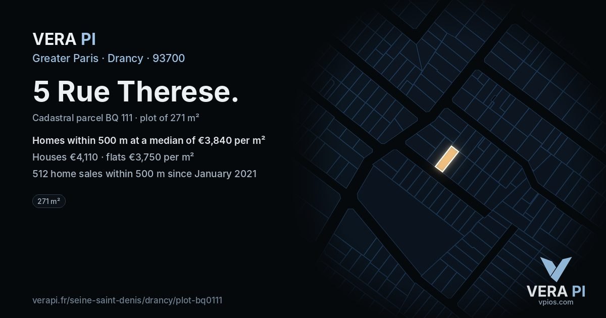 5 Rue Therese, Drancy at night – the plot lit, the parcels around coloured by the prices near them