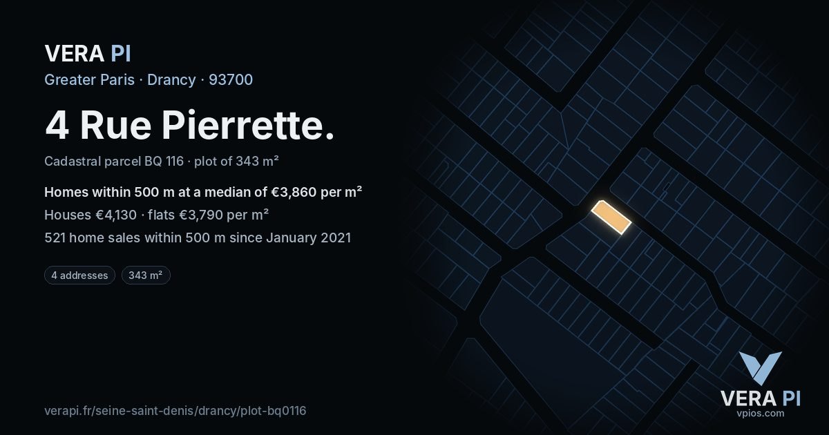 4 Rue Pierrette, Drancy at night – the plot lit, the parcels around coloured by the prices near them