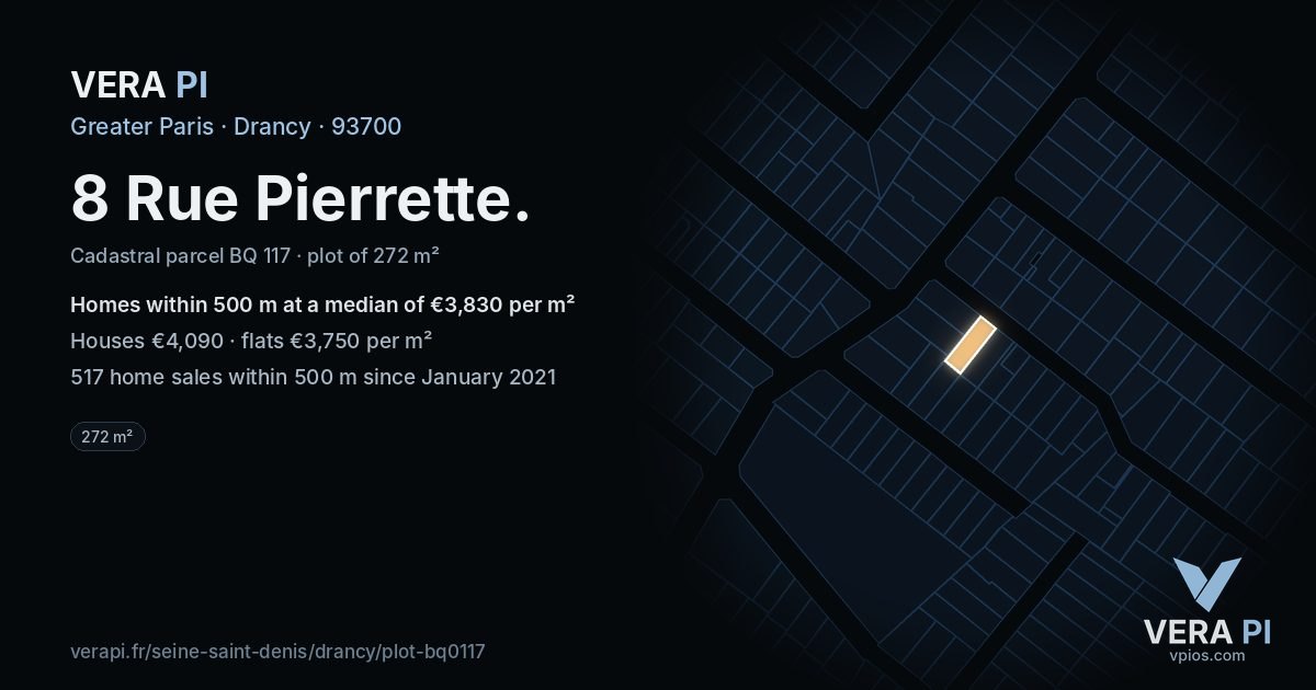 8 Rue Pierrette, Drancy at night – the plot lit, the parcels around coloured by the prices near them