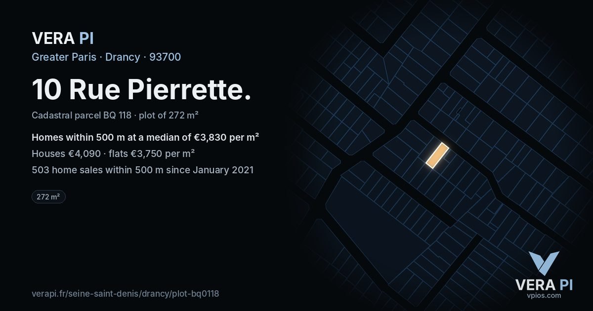 10 Rue Pierrette, Drancy at night – the plot lit, the parcels around coloured by the prices near them