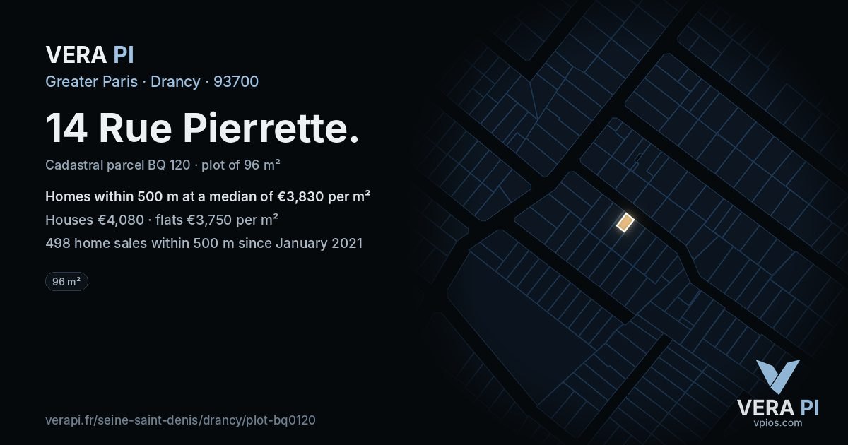 14 Rue Pierrette, Drancy at night – the plot lit, the parcels around coloured by the prices near them