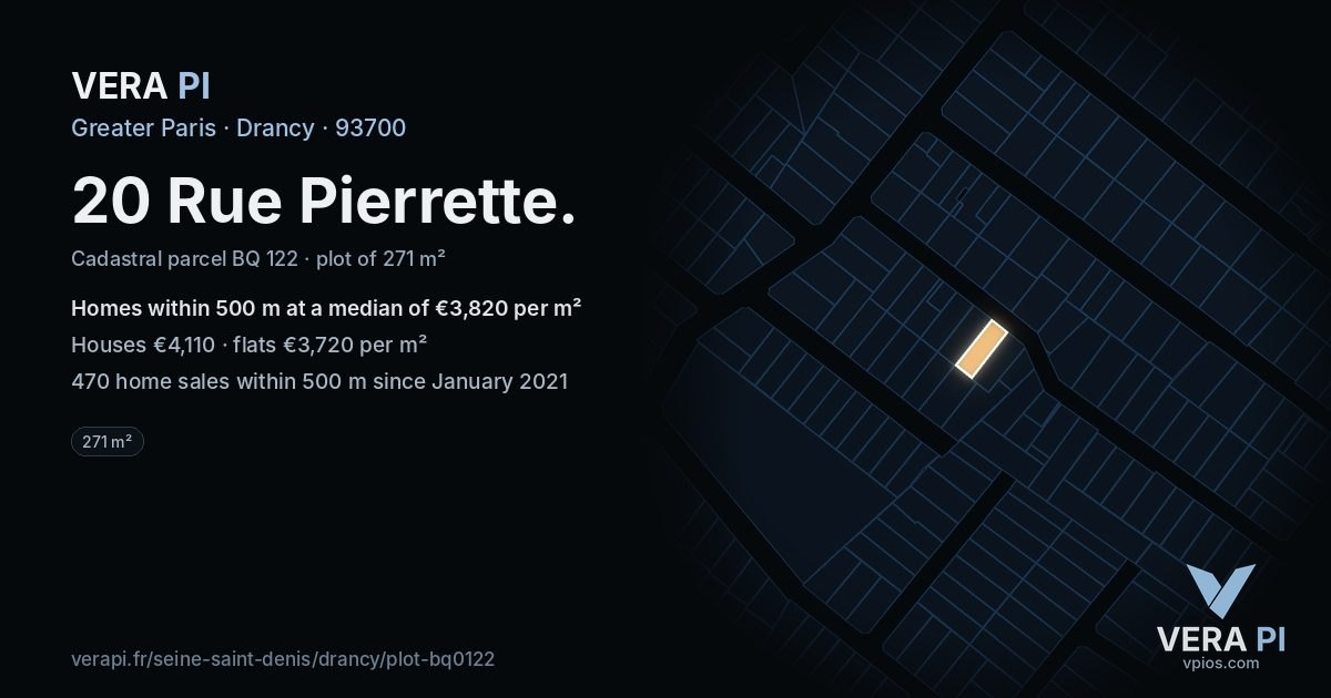 20 Rue Pierrette, Drancy at night – the plot lit, the parcels around coloured by the prices near them
