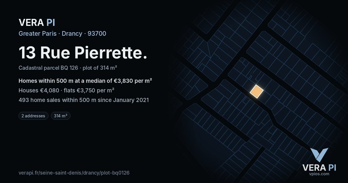 13 Rue Pierrette, Drancy at night – the plot lit, the parcels around coloured by the prices near them