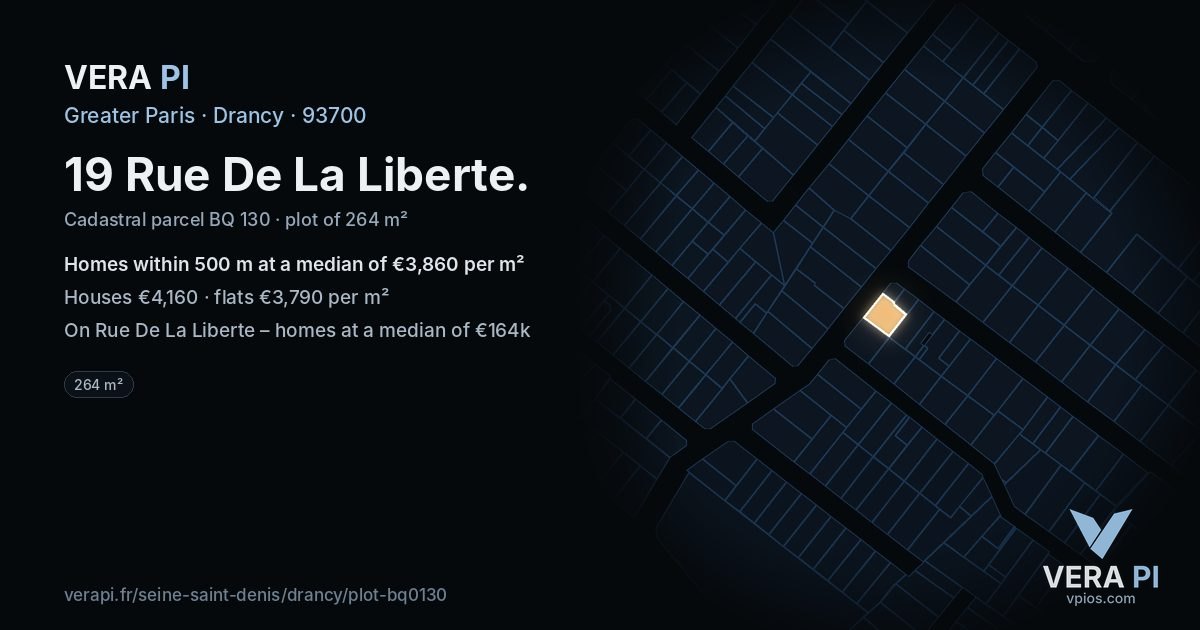 19 Rue De La Liberte, Drancy at night – the plot lit, the parcels around coloured by the prices near them