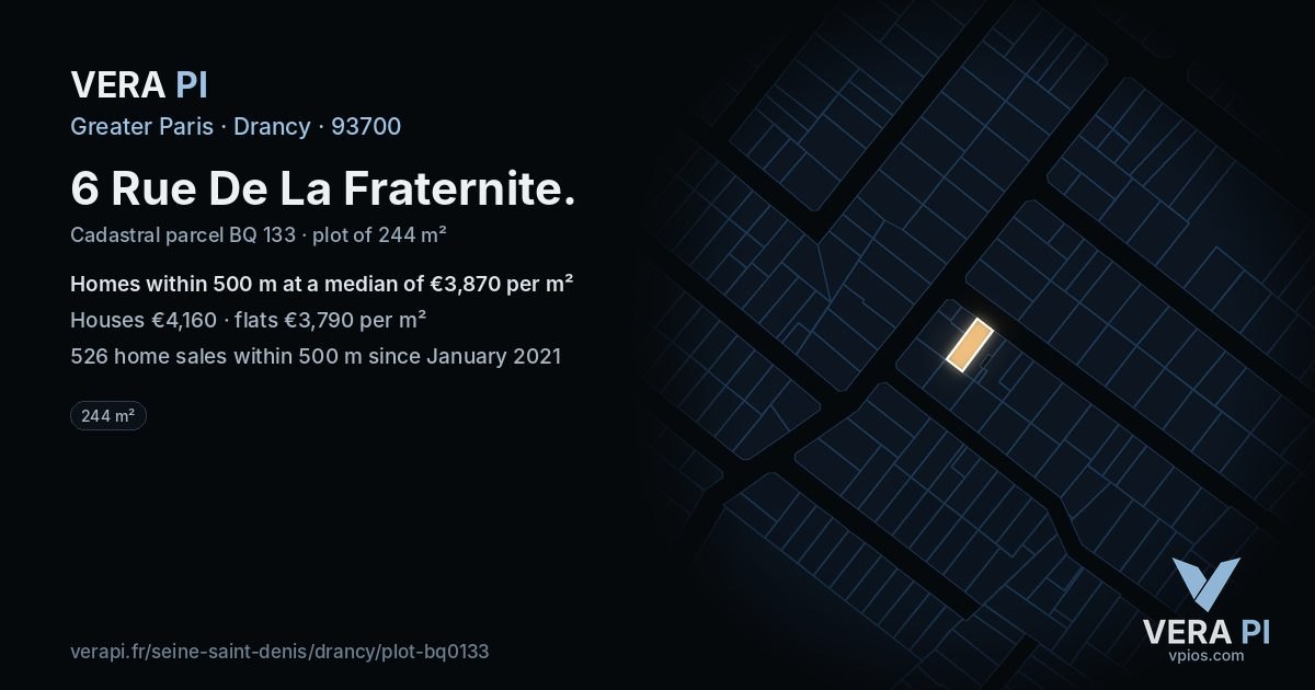 6 Rue De La Fraternite, Drancy at night – the plot lit, the parcels around coloured by the prices near them