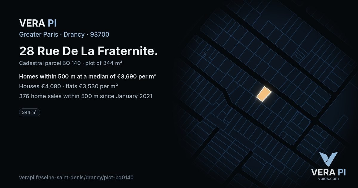 28 Rue De La Fraternite, Drancy at night – the plot lit, the parcels around coloured by the prices near them
