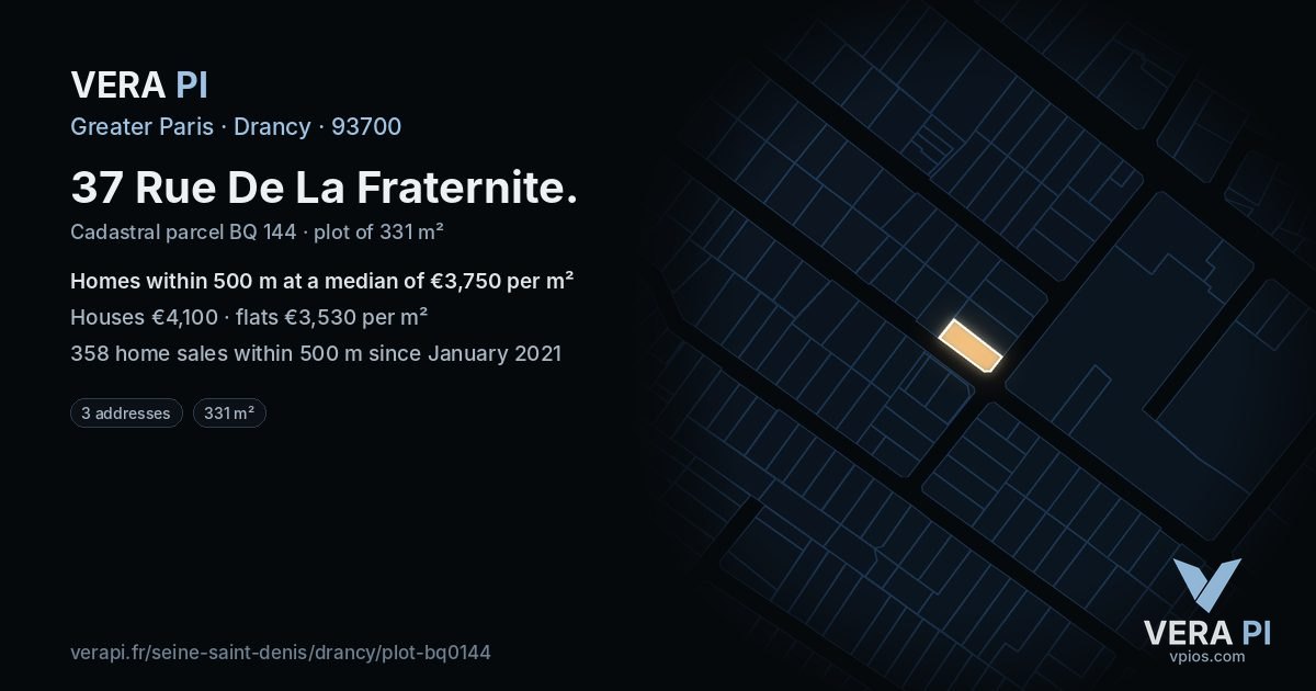 37 Rue De La Fraternite, Drancy at night – the plot lit, the parcels around coloured by the prices near them