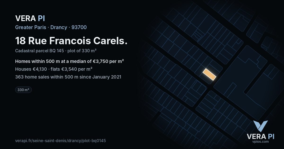 18 Rue Francois Carels, Drancy at night – the plot lit, the parcels around coloured by the prices near them