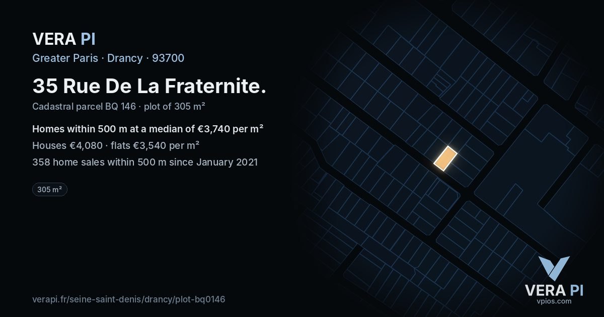 35 Rue De La Fraternite, Drancy at night – the plot lit, the parcels around coloured by the prices near them