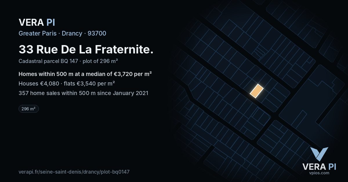 33 Rue De La Fraternite, Drancy at night – the plot lit, the parcels around coloured by the prices near them