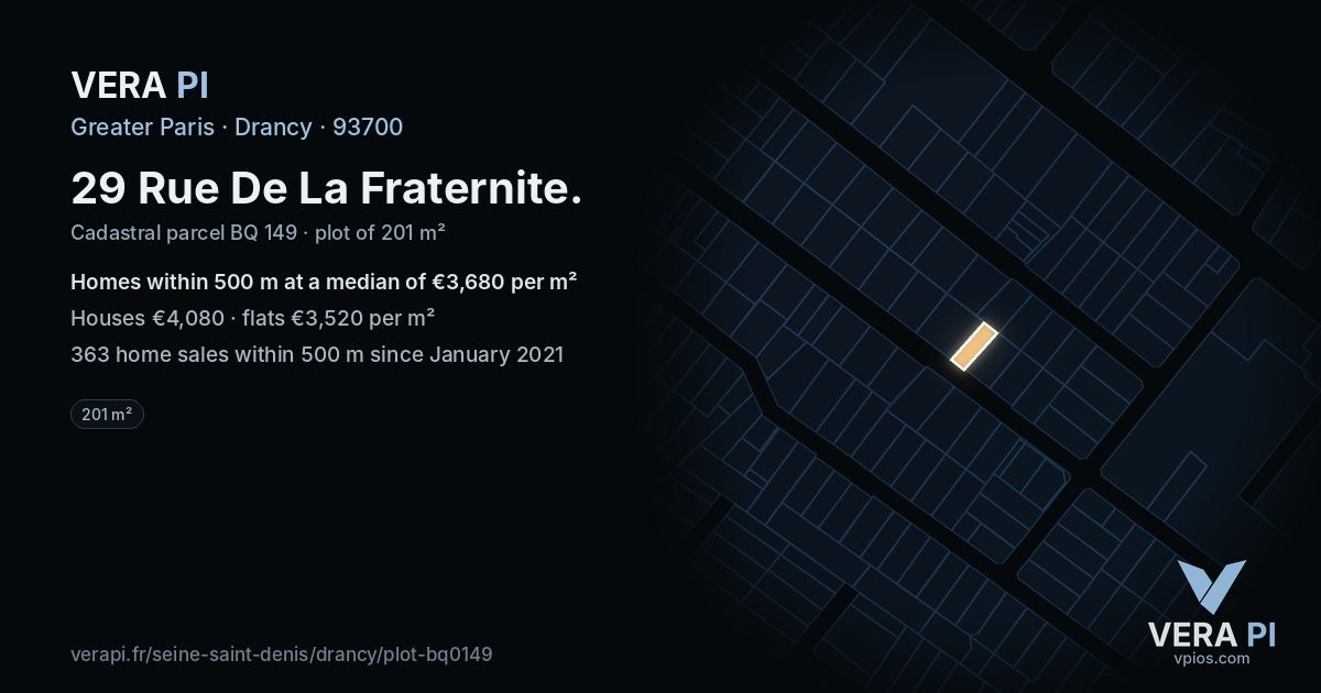 29 Rue De La Fraternite, Drancy at night – the plot lit, the parcels around coloured by the prices near them