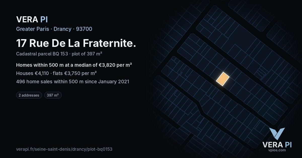17 Rue De La Fraternite, Drancy at night – the plot lit, the parcels around coloured by the prices near them