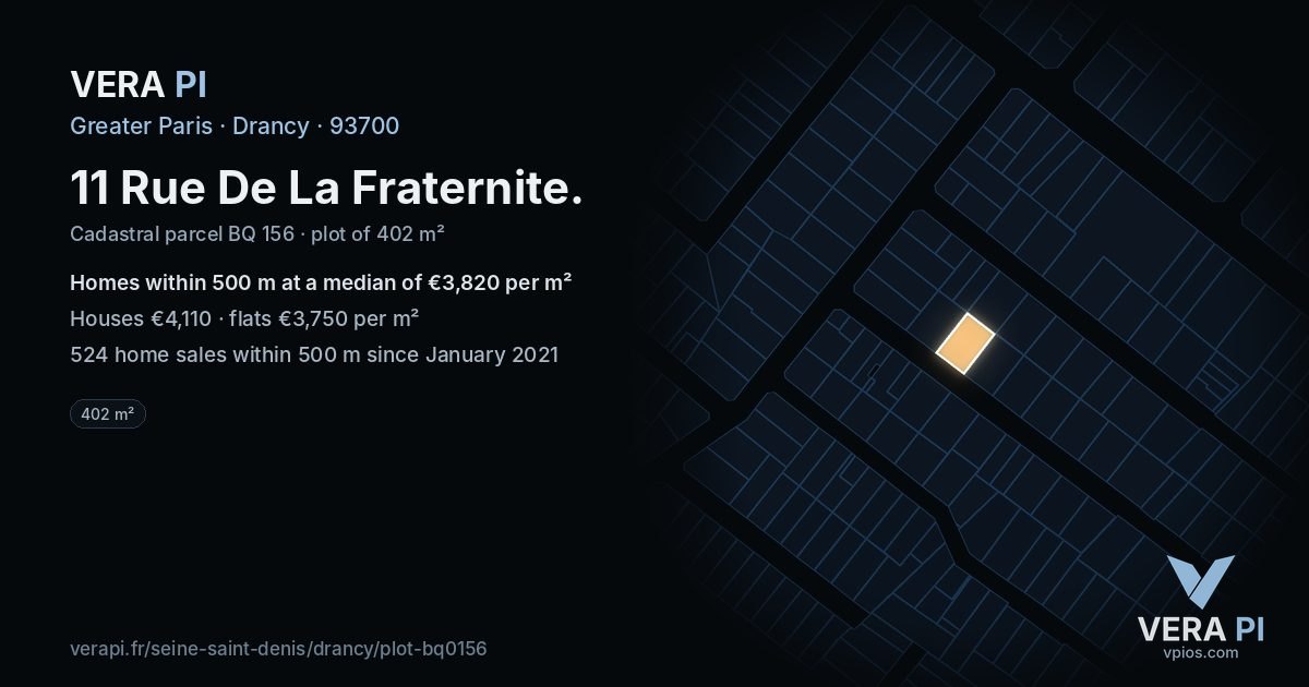 11 Rue De La Fraternite, Drancy at night – the plot lit, the parcels around coloured by the prices near them