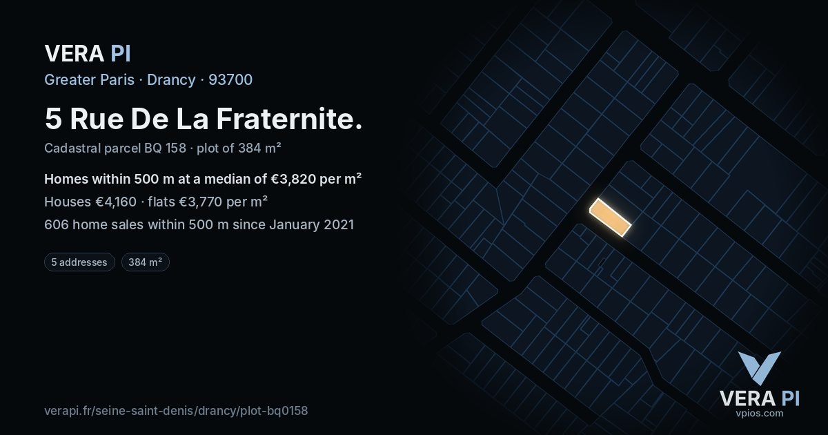 5 Rue De La Fraternite, Drancy at night – the plot lit, the parcels around coloured by the prices near them