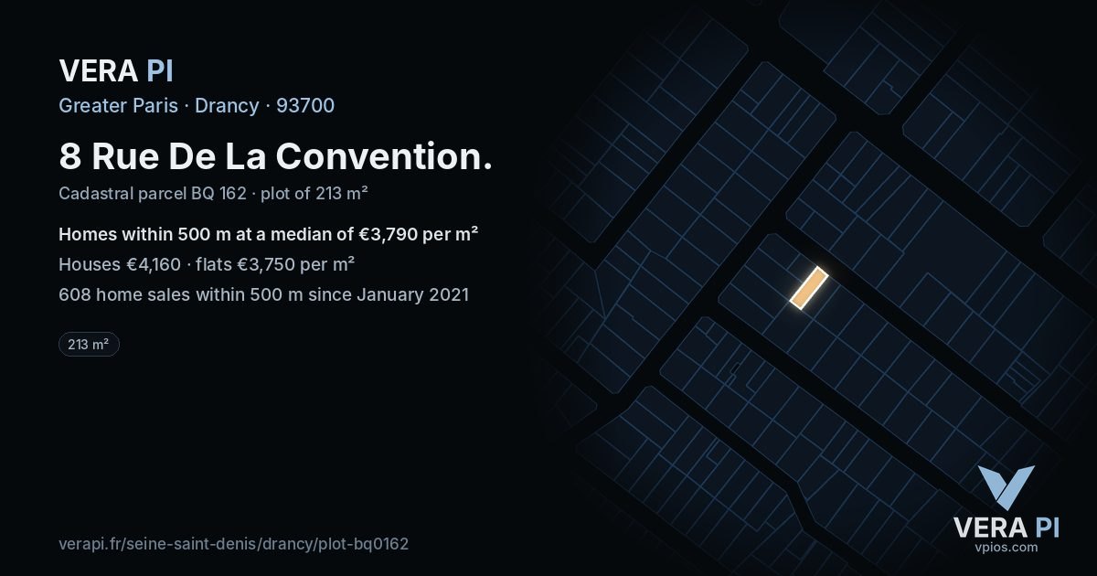 8 Rue De La Convention, Drancy at night – the plot lit, the parcels around coloured by the prices near them