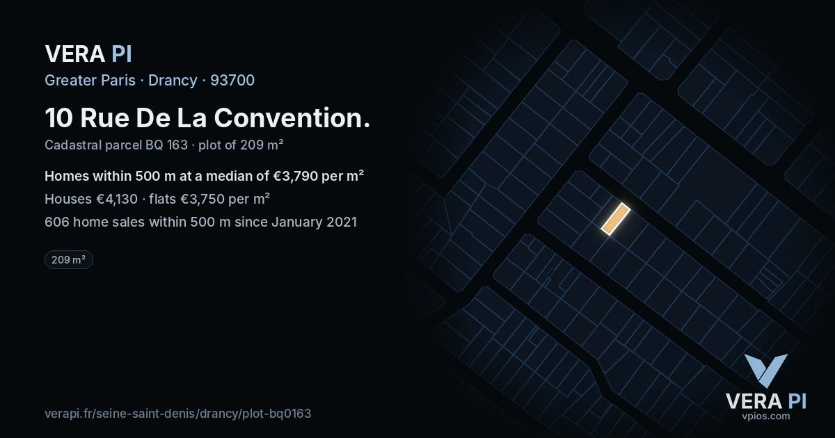 10 Rue De La Convention, Drancy at night – the plot lit, the parcels around coloured by the prices near them