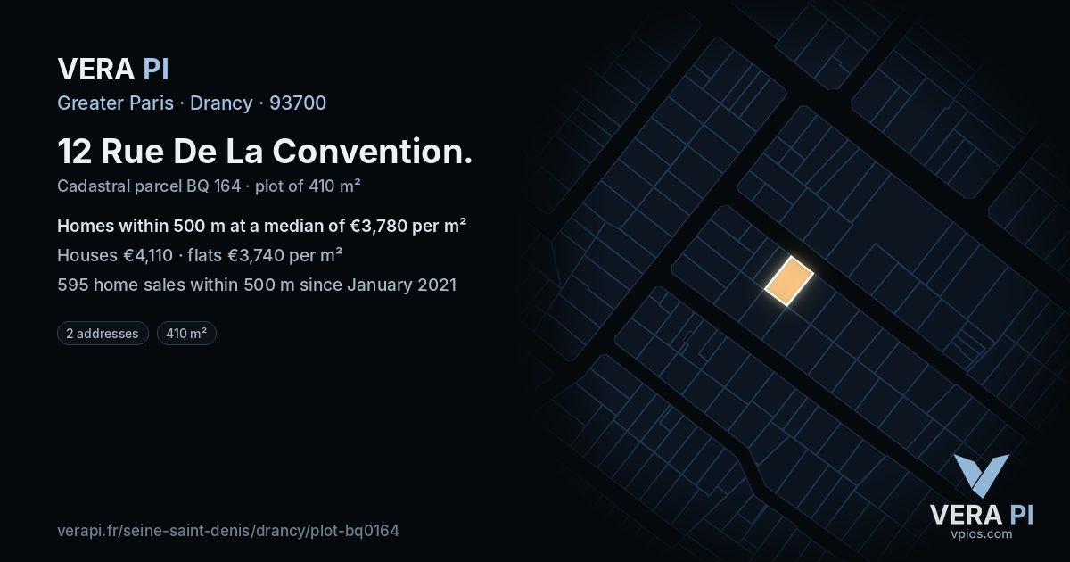 12 Rue De La Convention, Drancy at night – the plot lit, the parcels around coloured by the prices near them