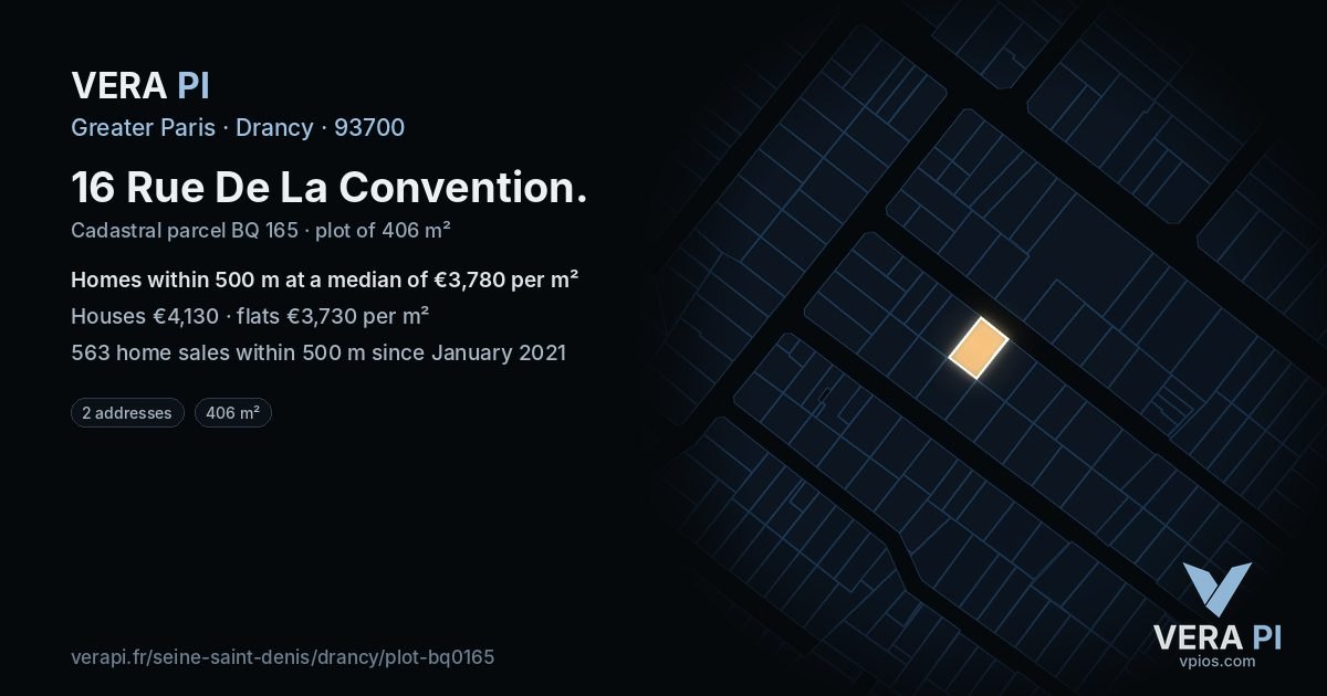 16 Rue De La Convention, Drancy at night – the plot lit, the parcels around coloured by the prices near them