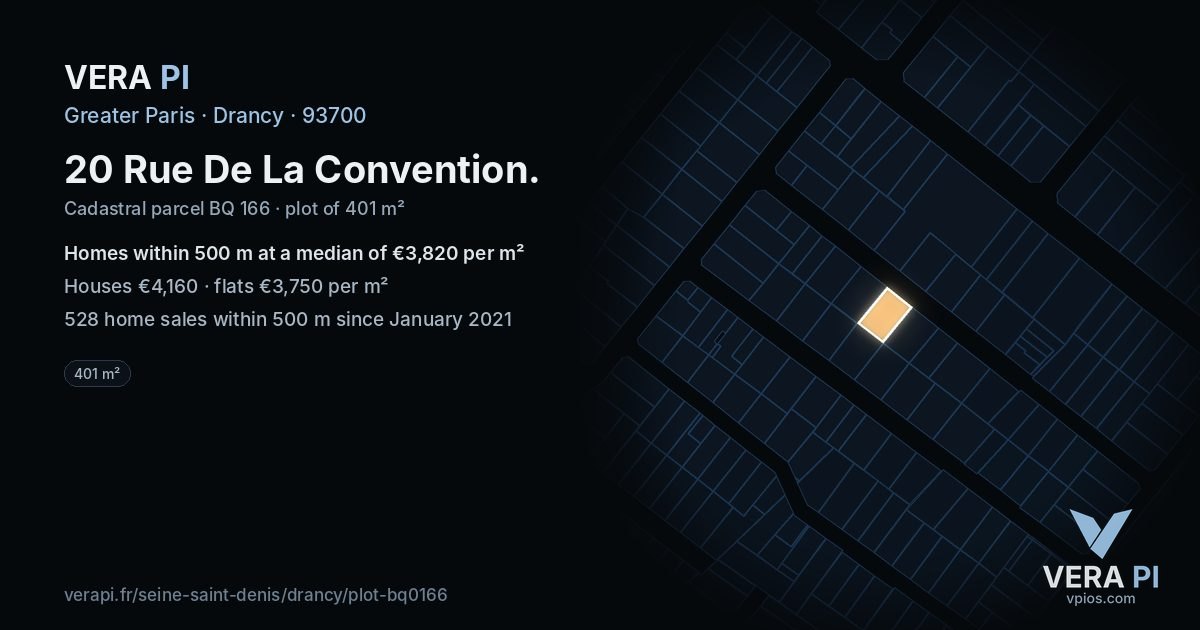 20 Rue De La Convention, Drancy at night – the plot lit, the parcels around coloured by the prices near them