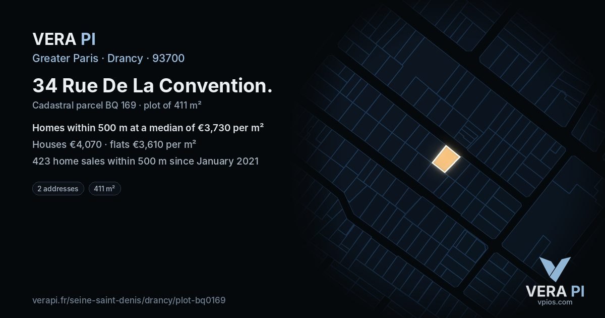 34 Rue De La Convention, Drancy at night – the plot lit, the parcels around coloured by the prices near them