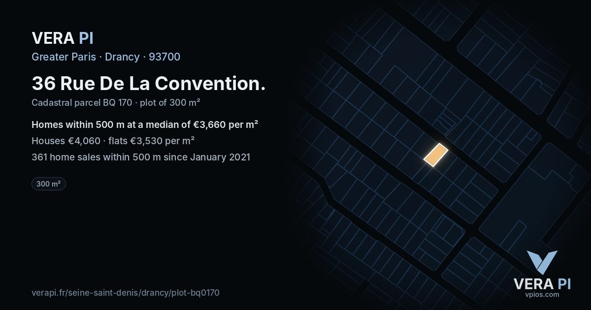 36 Rue De La Convention, Drancy at night – the plot lit, the parcels around coloured by the prices near them
