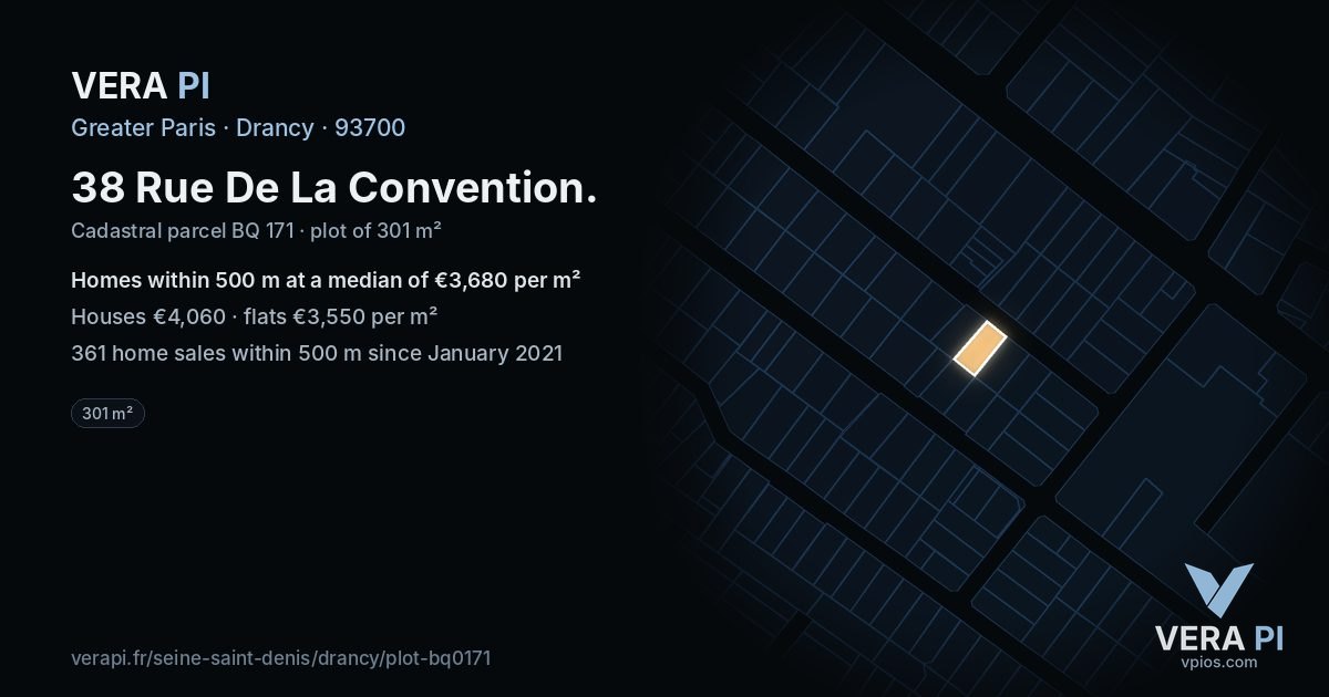 38 Rue De La Convention, Drancy at night – the plot lit, the parcels around coloured by the prices near them