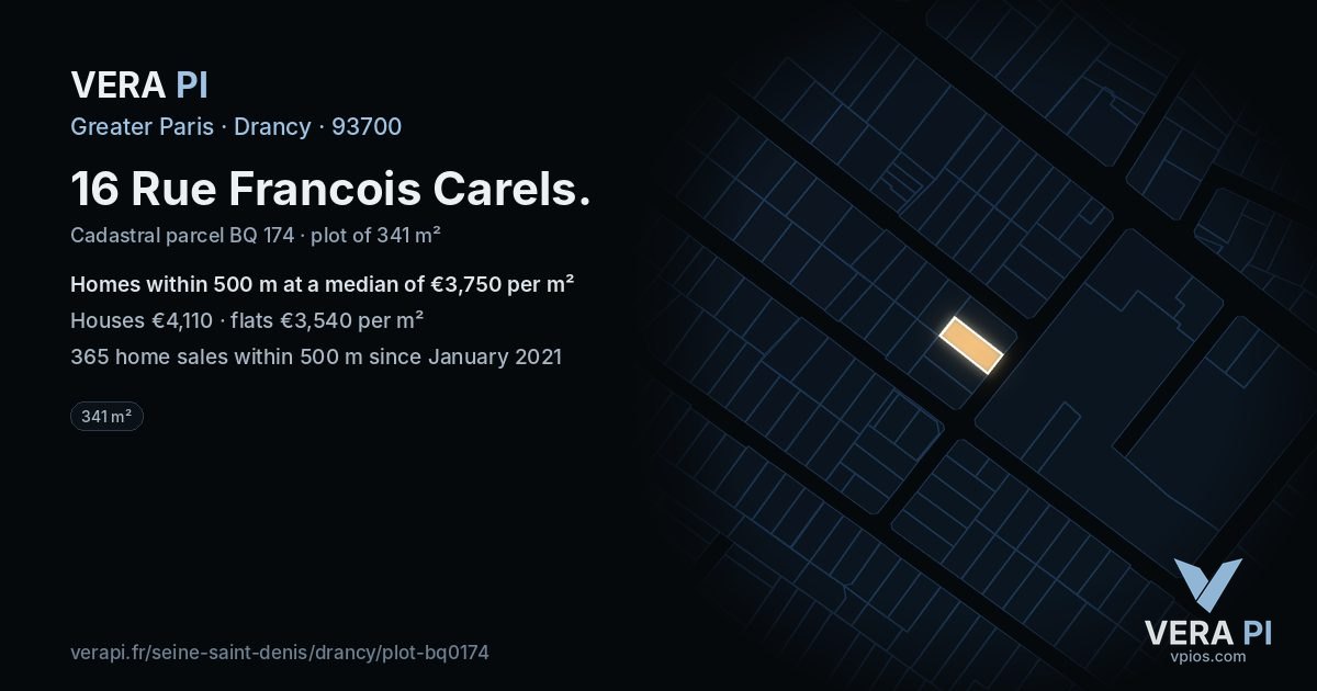 16 Rue Francois Carels, Drancy at night – the plot lit, the parcels around coloured by the prices near them