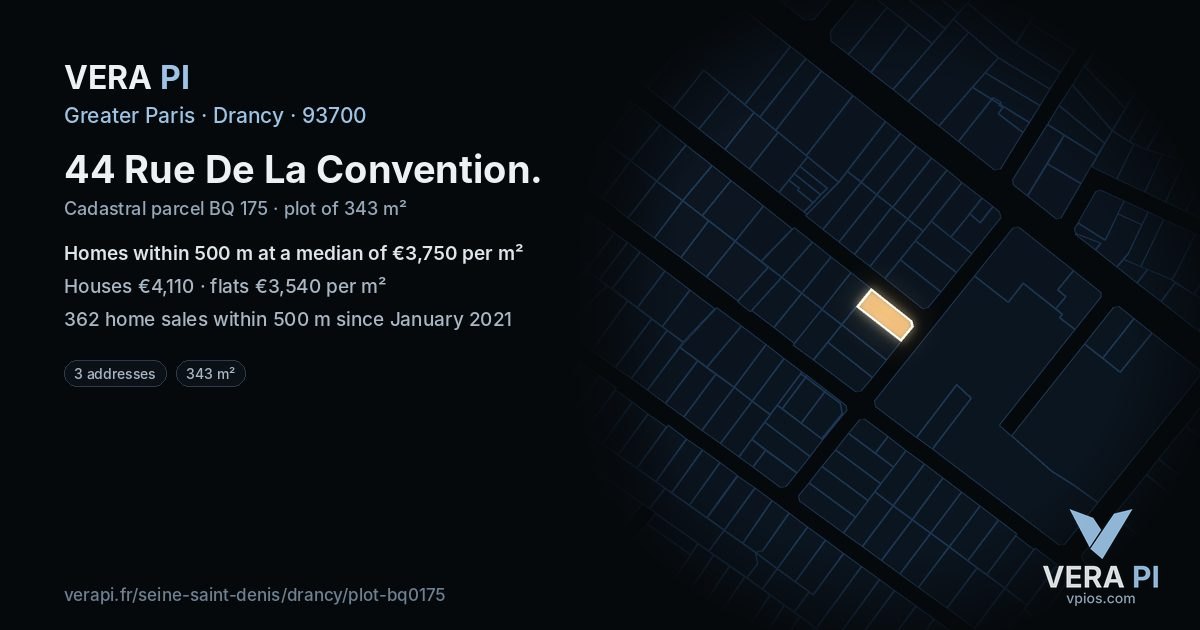 44 Rue De La Convention, Drancy at night – the plot lit, the parcels around coloured by the prices near them