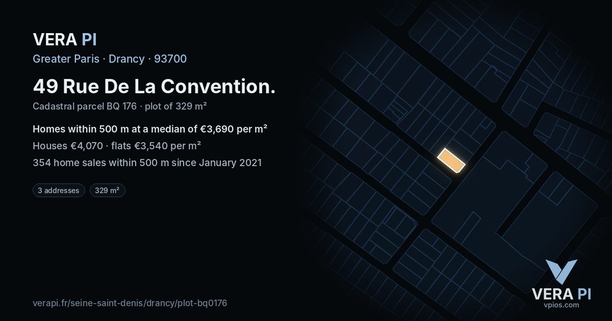 49 Rue De La Convention, Drancy at night – the plot lit, the parcels around coloured by the prices near them