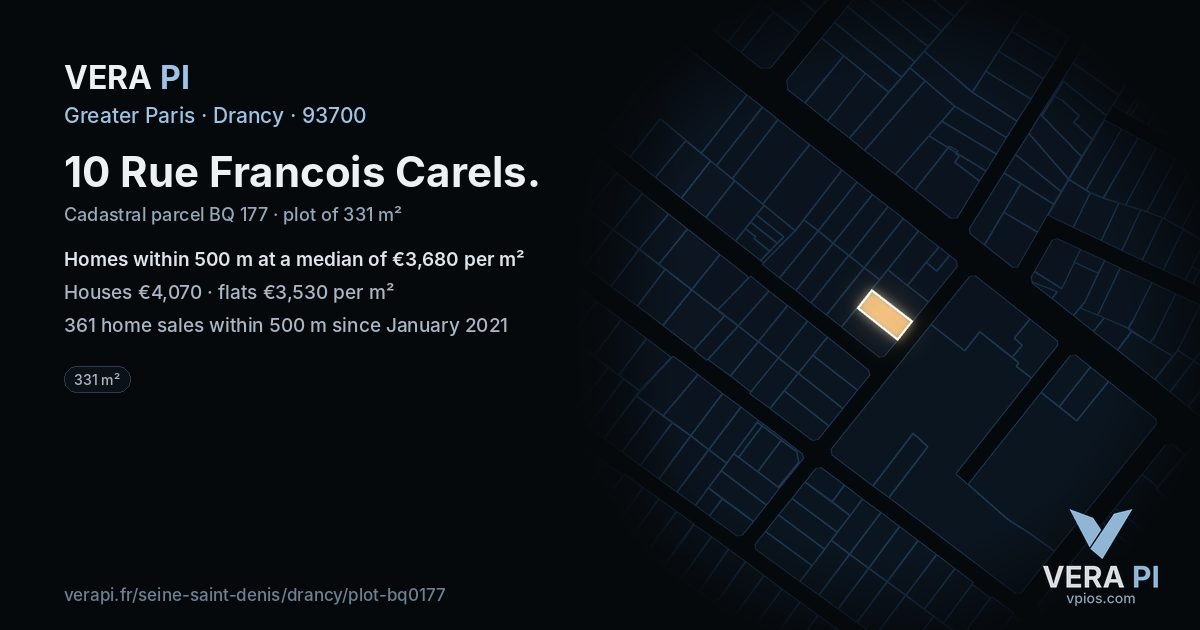 10 Rue Francois Carels, Drancy at night – the plot lit, the parcels around coloured by the prices near them