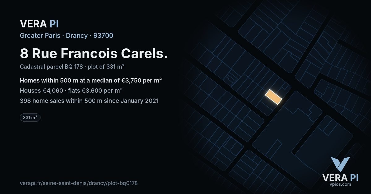 8 Rue Francois Carels, Drancy at night – the plot lit, the parcels around coloured by the prices near them