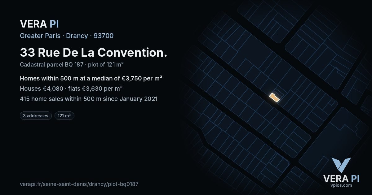 33 Rue De La Convention, Drancy at night – the plot lit, the parcels around coloured by the prices near them