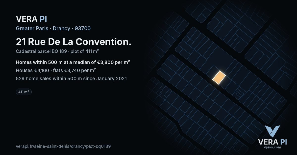21 Rue De La Convention, Drancy at night – the plot lit, the parcels around coloured by the prices near them