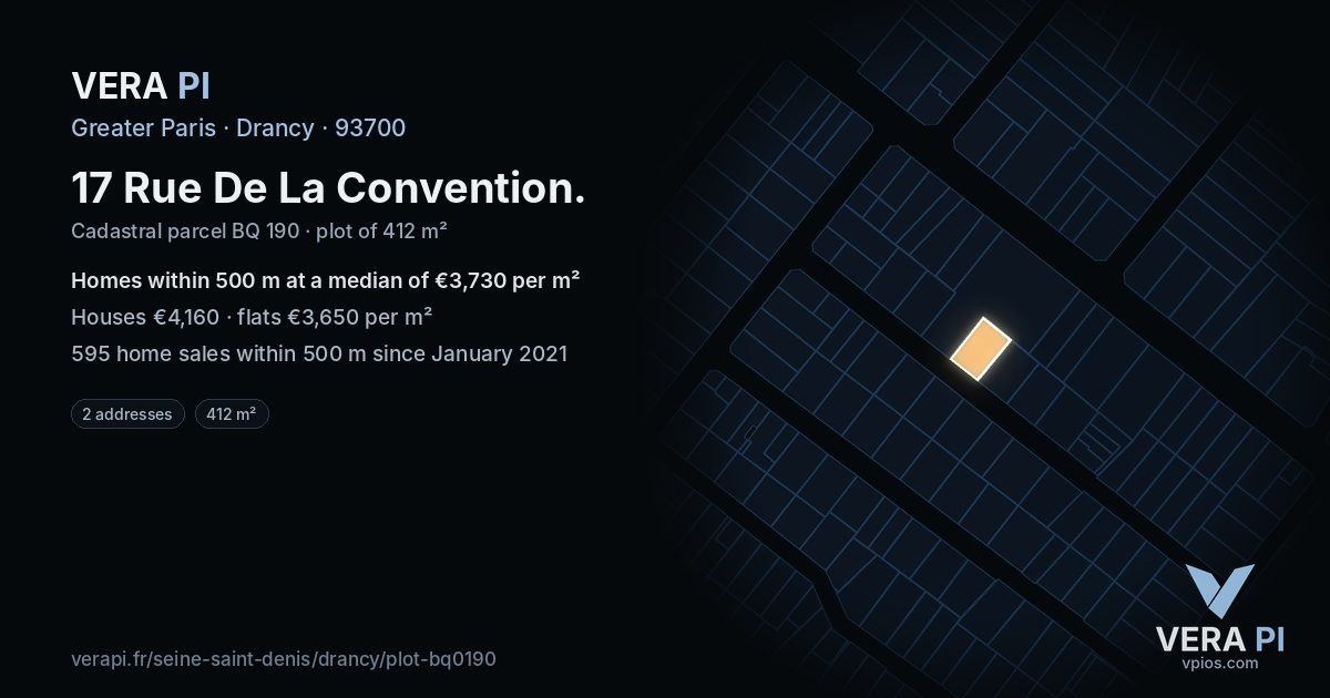 17 Rue De La Convention, Drancy at night – the plot lit, the parcels around coloured by the prices near them
