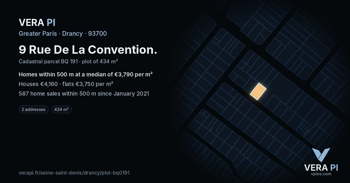 9 Rue De La Convention, Drancy at night – the plot lit, the parcels around coloured by the prices near them