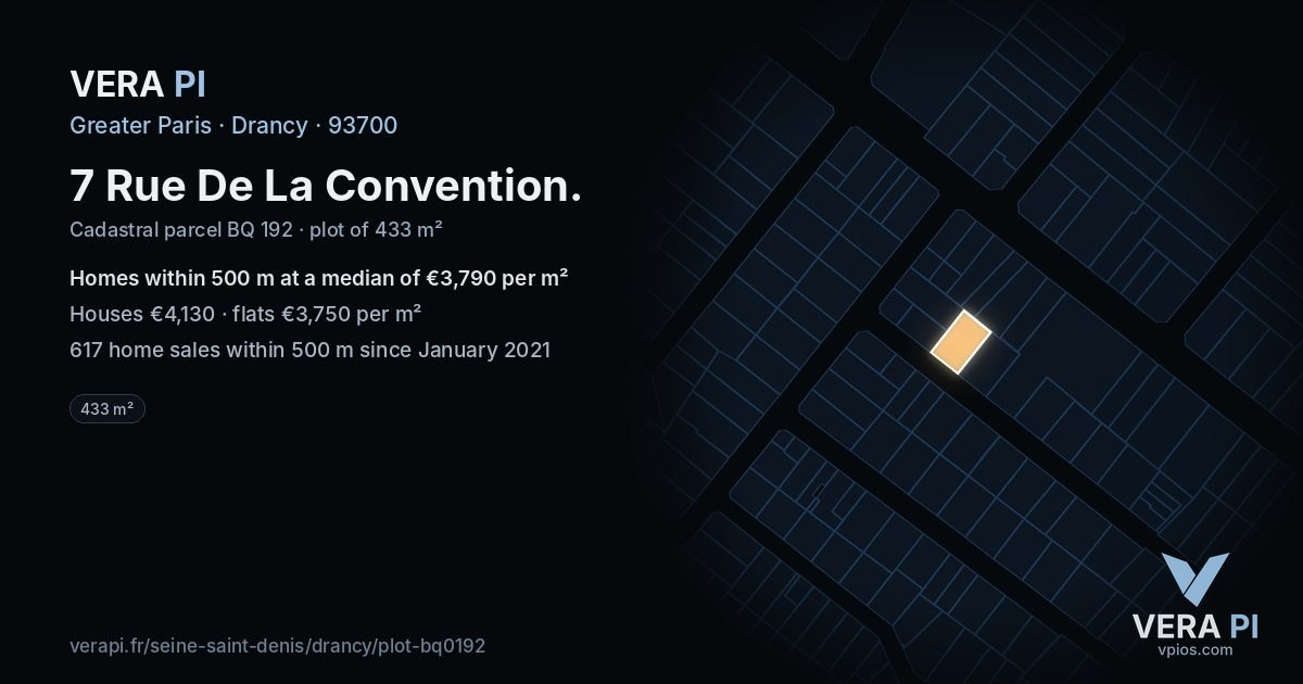 7 Rue De La Convention, Drancy at night – the plot lit, the parcels around coloured by the prices near them
