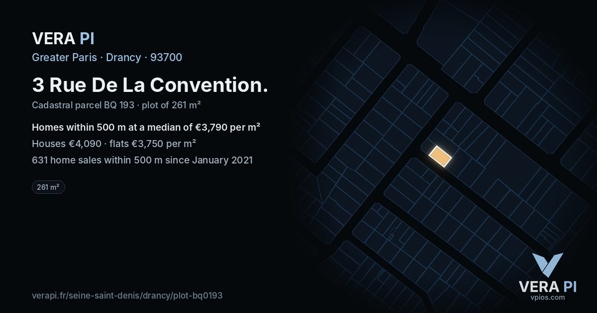 3 Rue De La Convention, Drancy at night – the plot lit, the parcels around coloured by the prices near them