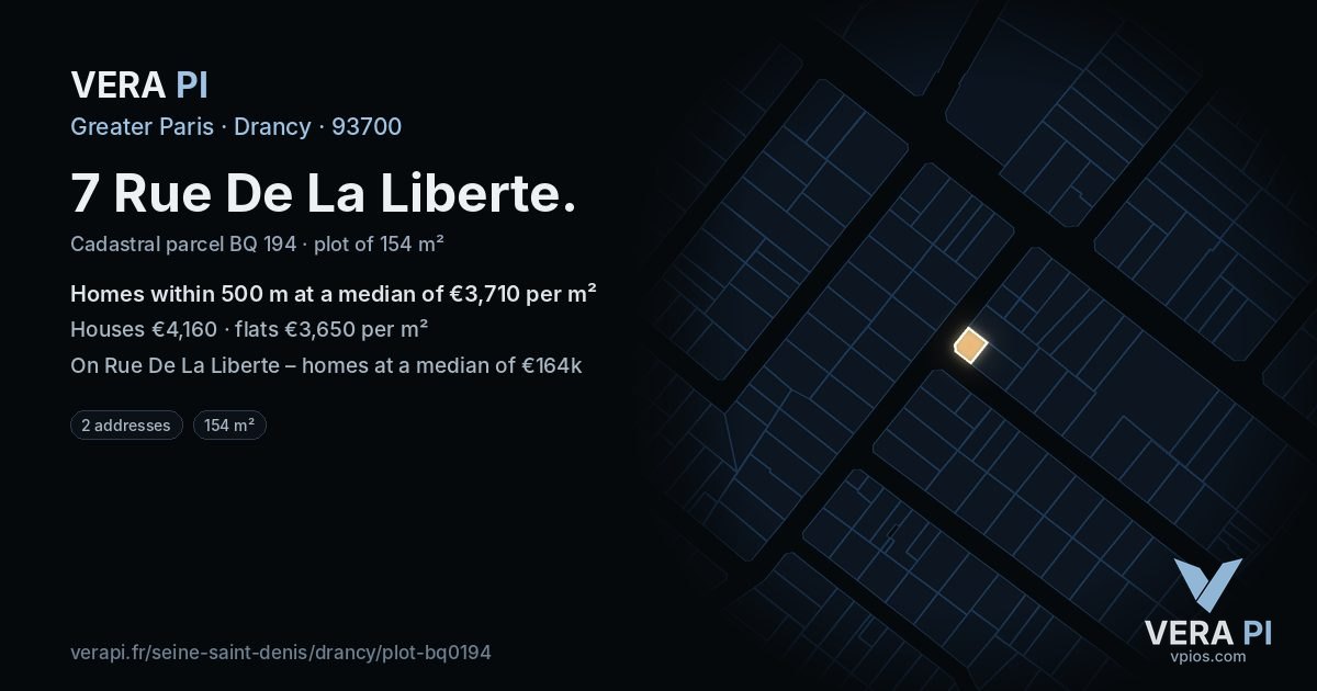 7 Rue De La Liberte, Drancy at night – the plot lit, the parcels around coloured by the prices near them
