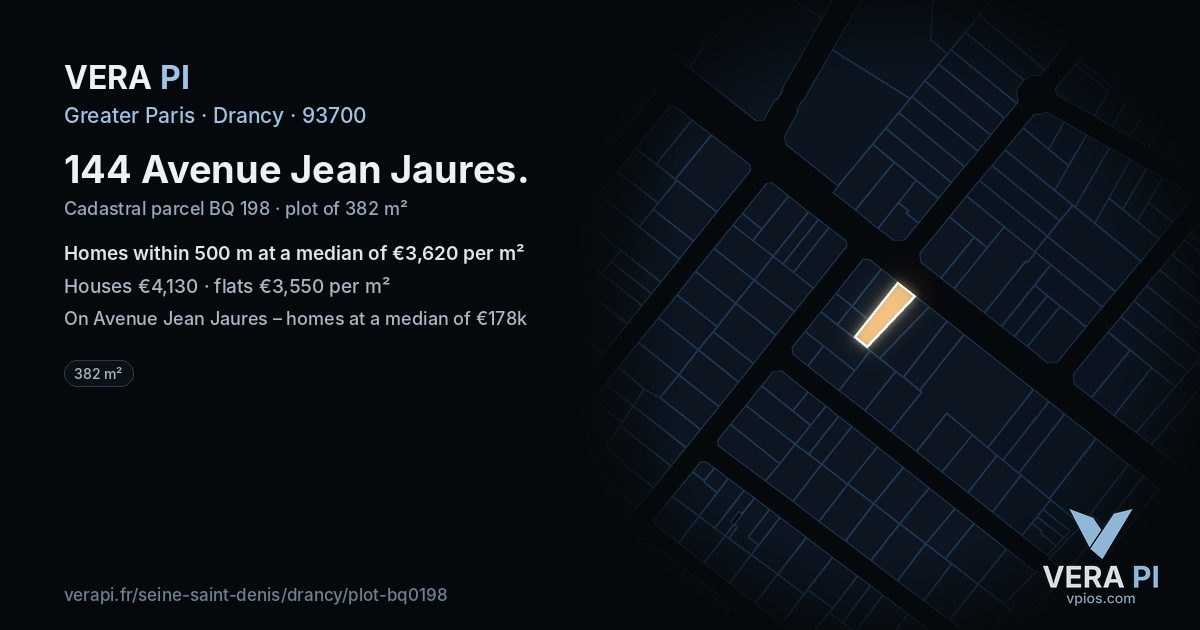 144 Avenue Jean Jaures, Drancy at night – the plot lit, the parcels around coloured by the prices near them
