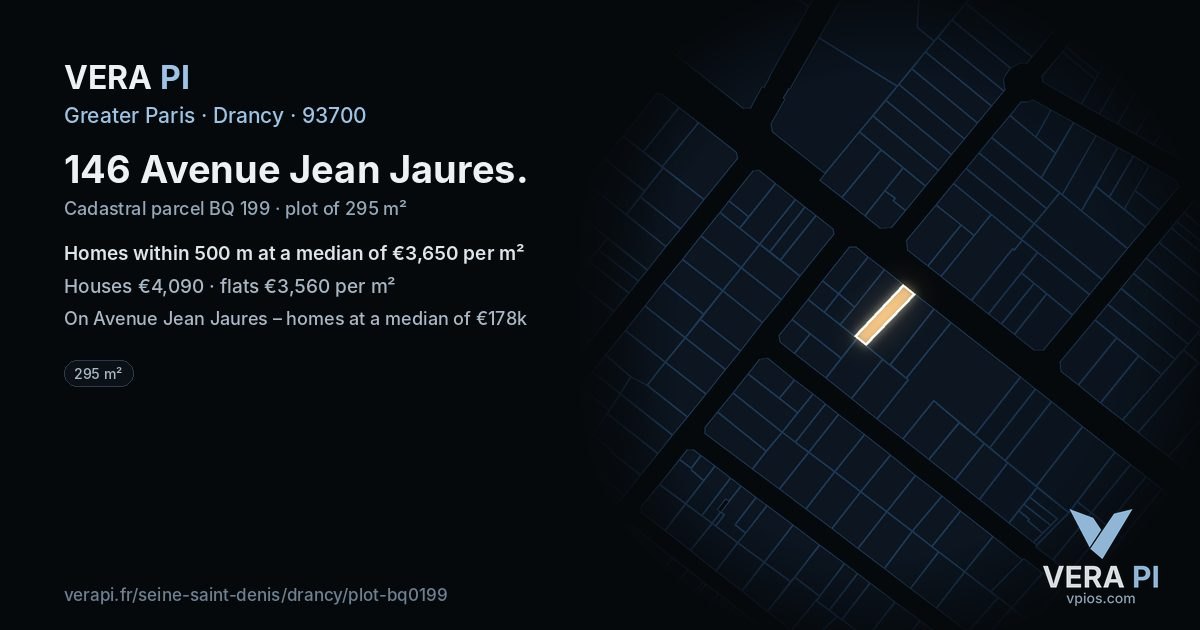 146 Avenue Jean Jaures, Drancy at night – the plot lit, the parcels around coloured by the prices near them