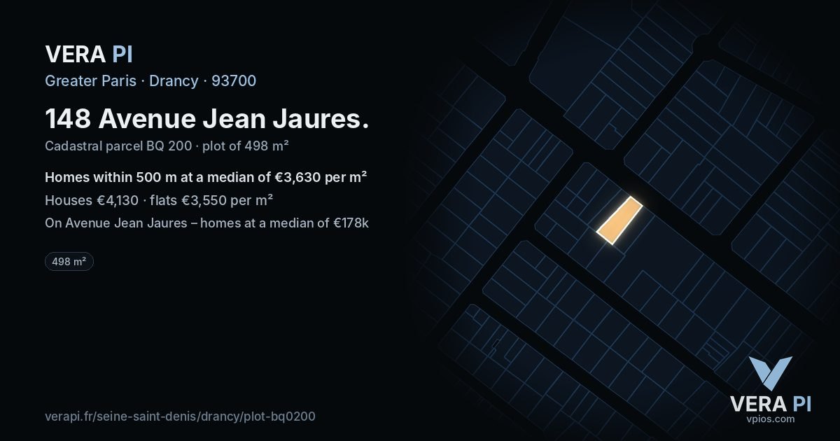 148 Avenue Jean Jaures, Drancy at night – the plot lit, the parcels around coloured by the prices near them