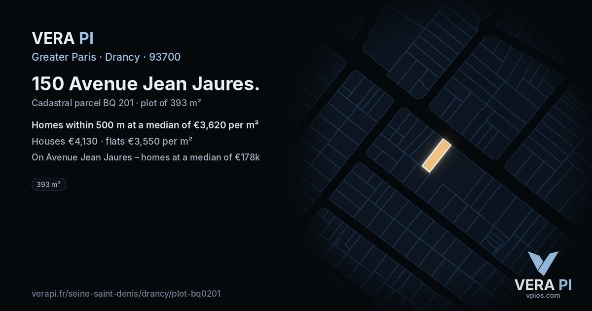 150 Avenue Jean Jaures, Drancy at night – the plot lit, the parcels around coloured by the prices near them