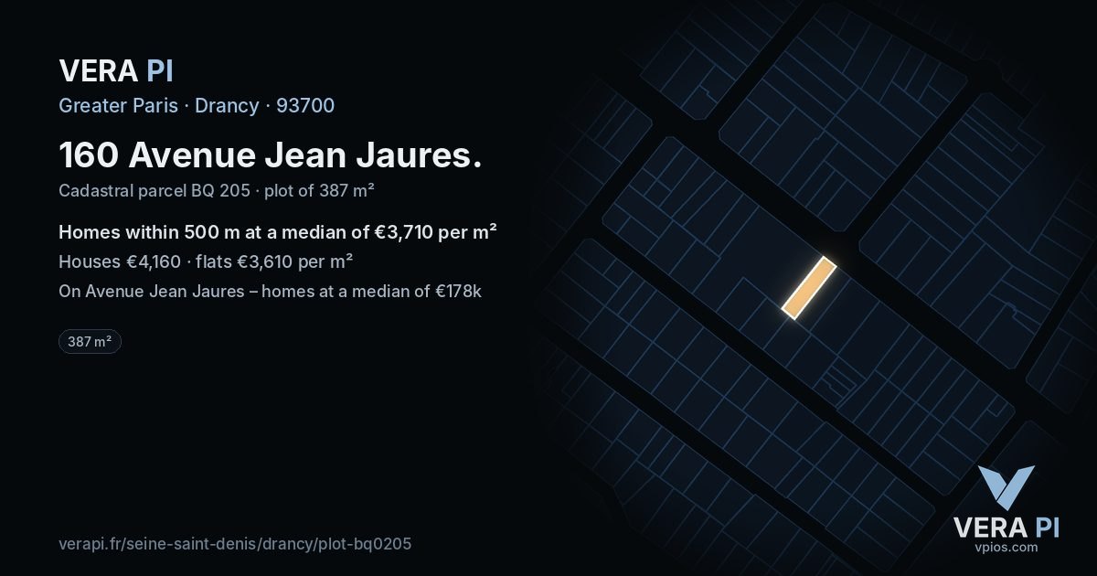 160 Avenue Jean Jaures, Drancy at night – the plot lit, the parcels around coloured by the prices near them
