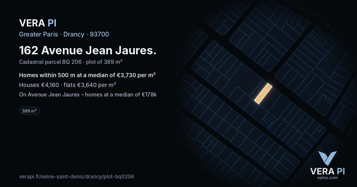 162 Avenue Jean Jaures, Drancy at night – the plot lit, the parcels around coloured by the prices near them